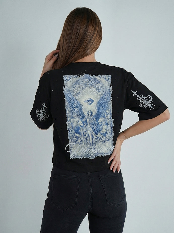Camiseta Negra Estampado Azul Espalda Mujer – VALCRIS